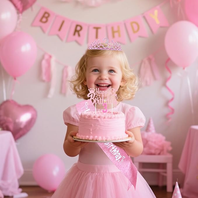 3rd Birthday Decorations for Girls - Pink Birthday Crown, Glitter Sash, Number 3 Candles and Cake Toppers for Girls 3 Year Old Party Supplies Outfit Gift