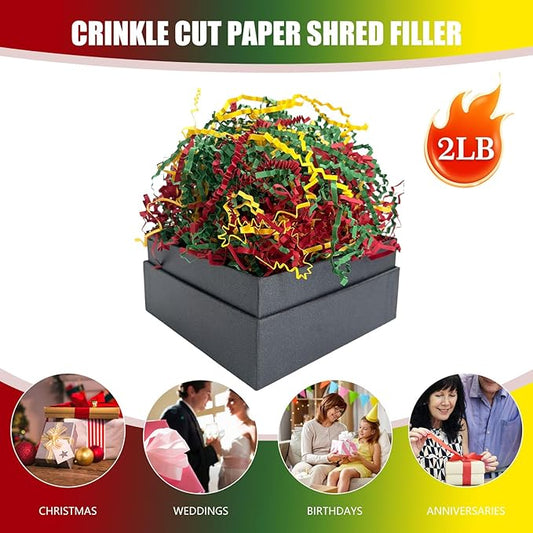 Red Green Gold Crinkle Cut Paper Shred Filler, 2 LB Basket Filler Shredded Paper, Confetti Stuffing for Basket Filling, Mother's Day, Birthdays, Weddings, DIY Gift Wrapping, Stuffer Party Supplies