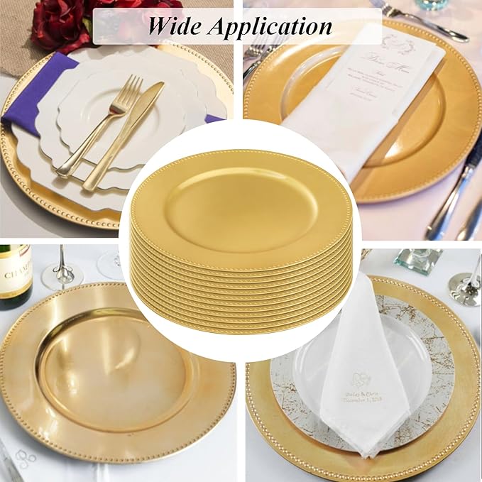 Okllen 12 Pack Plastic Gold Charger Plates, 13" Round Beaded Charger Plates for Wedding, Catering Event, Tabletop Decor