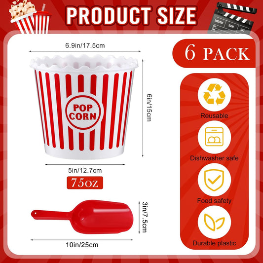 Roshtia 6 Pieces Plastic Popcorn Containers Reusable Buckets 75 oz Popcorn Boxes Bowl with Scoop Retro Style Red Plastic Scoop Set for Movie Theater Night(Stripe)