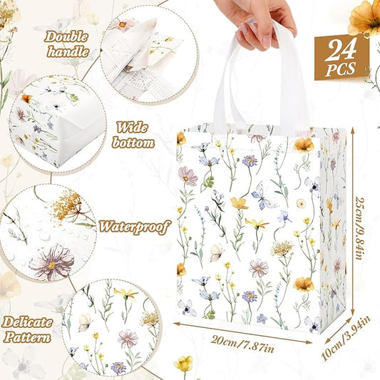 Supervitae 24 Pack Wildflower Butterfly Gift Bags Medium Floral Party Favor Bags Reusable Totes Non Woven Goodie Totes for Spring Summer Wedding Birthday Baby Shower Family Travel(9.8" x 7.9" x 3.9")