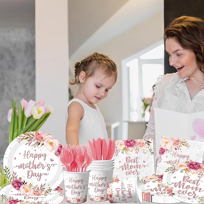 Mothers Day Paper Plates and Napkins Set, 144Pcs Floral Theme Disposable Tableware for 24 Guests, Includes Dinner Plates, Dessert Plates, Luncheon Napkins for Party Decorations