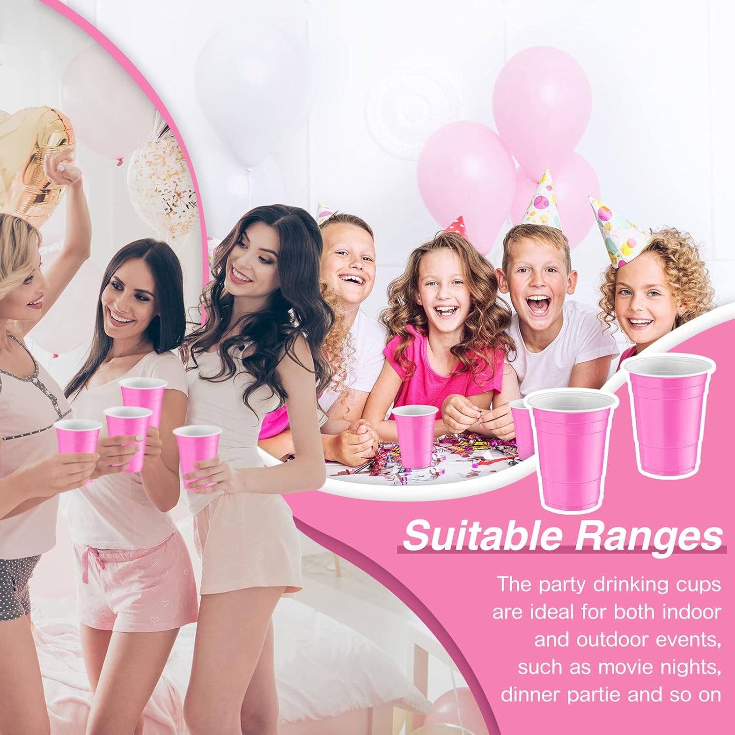 Lounsweer 100 Pack 16 Ounce Christmas Plastic Party Cups Disposable Heavy Duty Drinking Water Cups for Holiday Christmas Festival Wedding New Year Birthday Party Supplies(Pink)