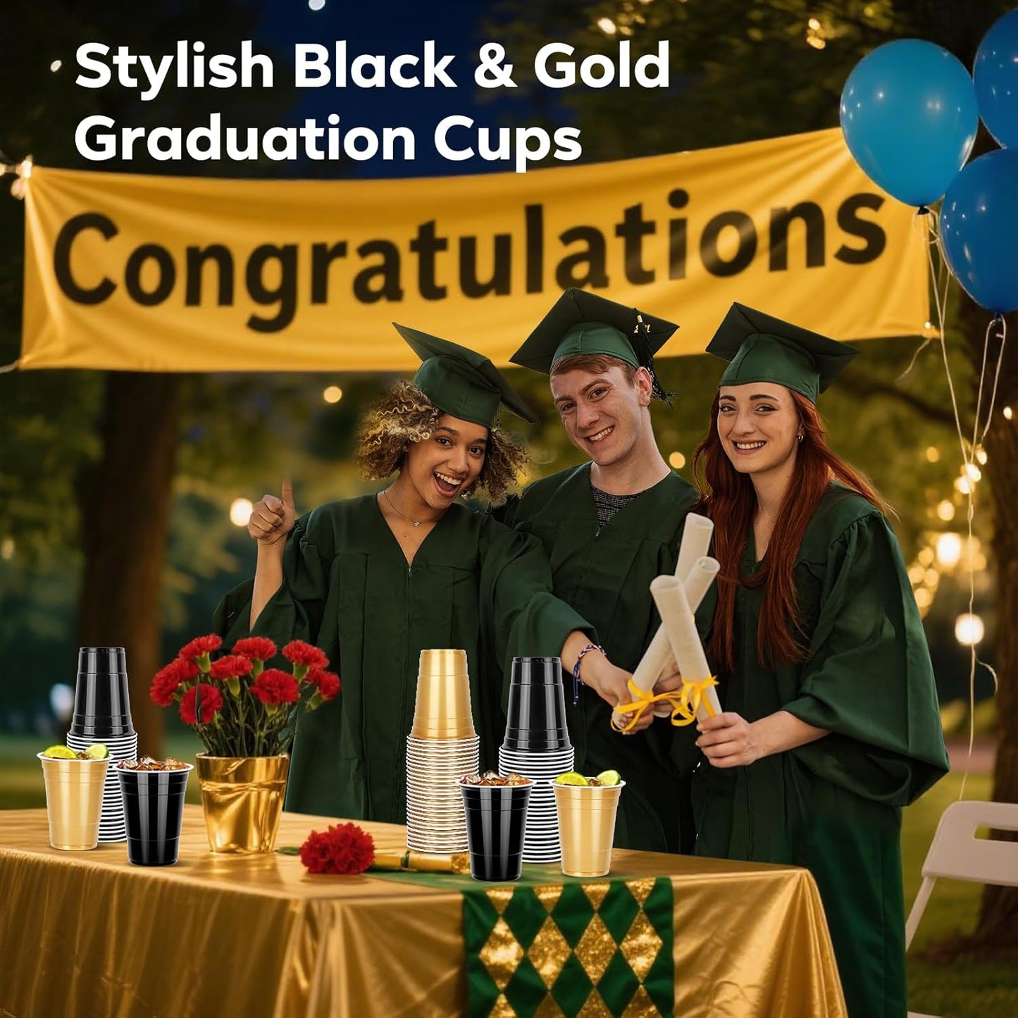 100PCS Black and Gold Plastic Cups, 16oz Disposable Party Cups Bulk Pack, BPA Free Drinkware for Soda Juice Beer Cold Drinks Suitable for Wedding Halloween Thanksgiving Christmas Birthday Celebrations