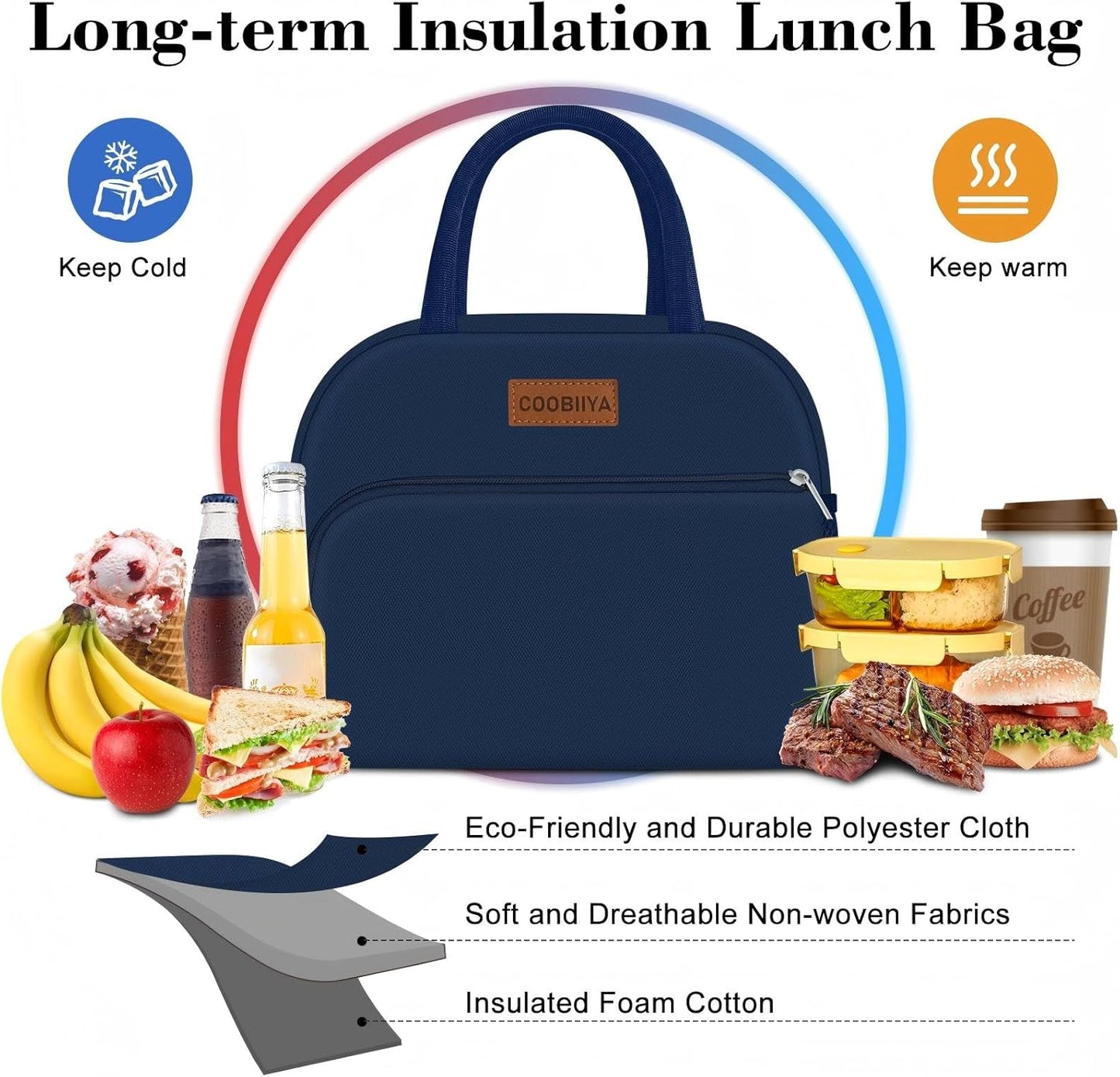 Coobiiya Lunch Box Lunch Bag for Women Adults Men, Reusable Cute Lunch bag - Leakproof, Insulated Lunch Box Tote with Large Capacity, Cooler Container for Work/Travel/Office navy3