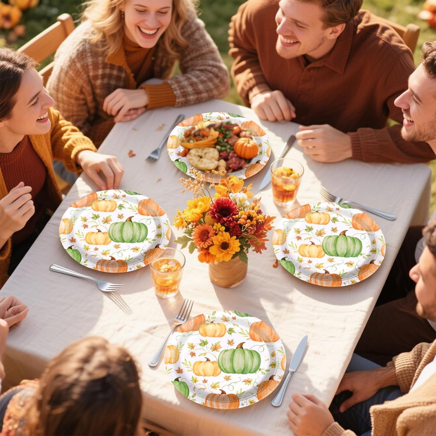Grencian 50Pcs Fall Pumpkins Paper Plates - 9" Autumn Orange Green Watercolor Pumpkin Paper Plates Fall Leaves Platters Disposable Tableware for Autumn Harvest Thanksgiving Birthday Party Decorations