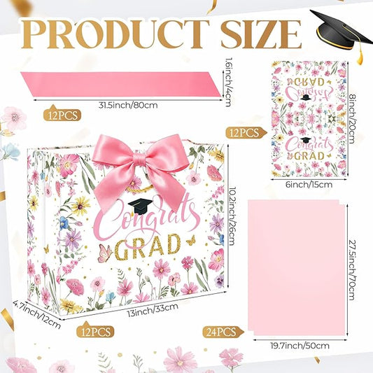 Maitys 12 Pack 13" Large 2026 Graduation Gift Bags Bulk with Handle, Tissue Papers, Cards, Ribbons Pink Class of 2026 Congrats Grad Wildflower Paper Wrapping Bag for College Graduation Party Supplies