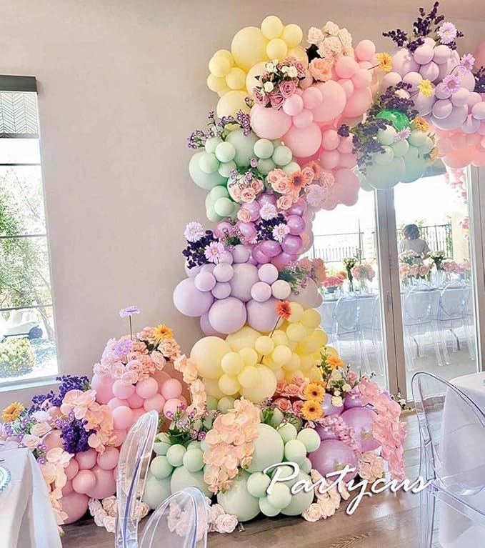 Pastel Balloon Garland Arch Kit Double Stuffed, Baby Pink Purple Yellow Green Balloons with Metallic Lilac Latex for Baby Shower Princess Birthday Spring Easter Flower Fairy Party Decoration