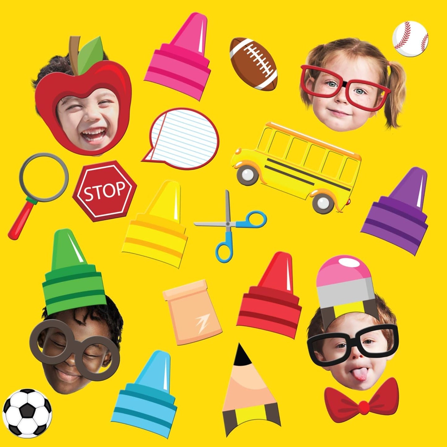 School Bus Photo Booth Props Kit - 20 Pack Party Camera Props Fully Assembled