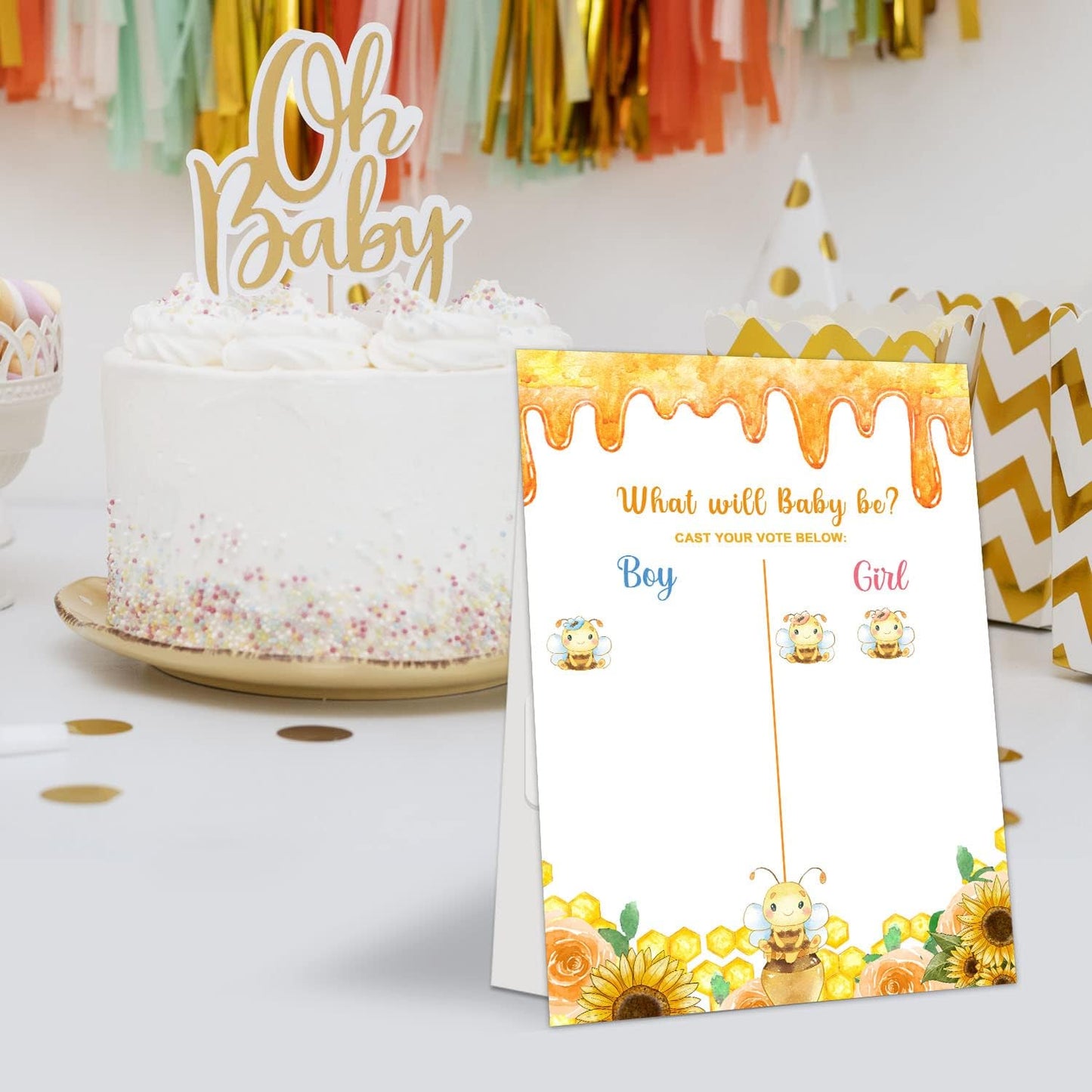LNOKRIM Gender Reveal Party Games, Bee Theme Baby Gender Reveal Voting Board Sign, 48 Boy Girl Voting Stickers, He or She, Gender Reveal Party Centerpiece Decorations (12x17)