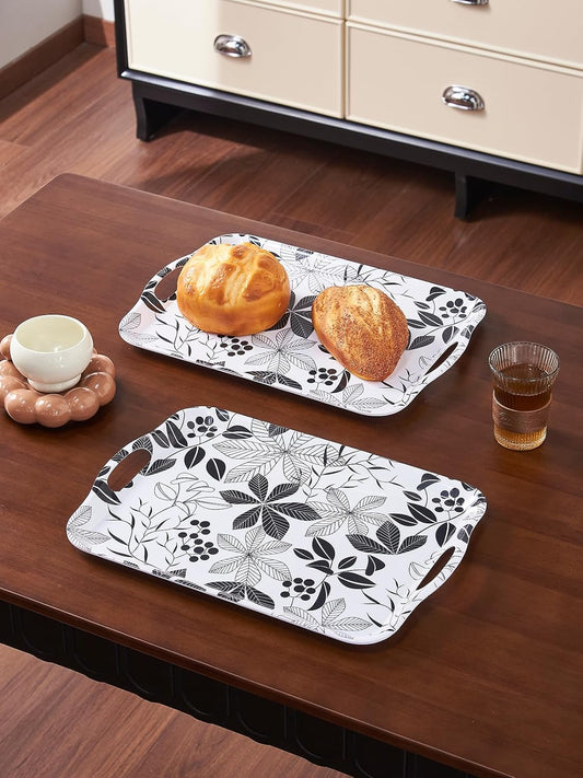 Blue Boat 16.5" x 11.5" Rectangular Melamine Serving Tray Set of 2 Black Leaves, Light Weight Easy to Clean Sturdy Stackable Serving Tray with Handle, Fruit, Snacks, and Desserts Trays, TV Trays