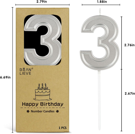 BEAN LIEVE Silver Birthday Candles Number 3, Silver Number Candles, Cake Number Candles for Birthday Parties and Wedding Anniversary Celebrations