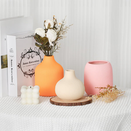 Boho Vase Set of 3, Modern Colorful Ceramic Vases with Ribbed Texture, Minimalist Home Decor for Centerpiece, Shelf & Tabletop - Boho Chic Touch for Neutral & Transitional Spaces