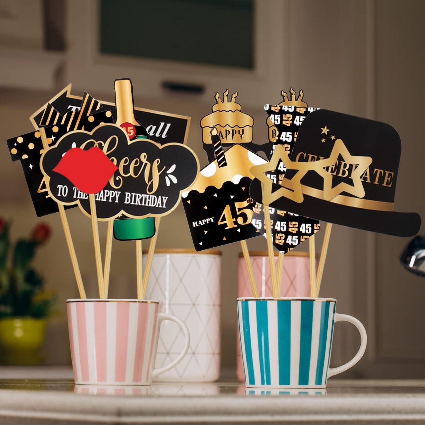 LINGTEER Happy 45th Birthday Party Photo Booth Props,Cheers to 45th Birthday 45th Years Old Bday Party Centerpieces Props Decorations Sign.