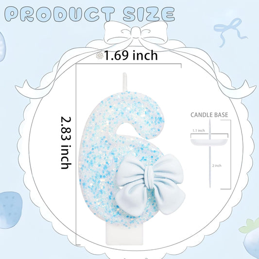 Birthday Candle for Cake, Blue Bow Number Candles, 2.76 inch Number, Cake Topper Decoration for Birthday Party (Number 6)