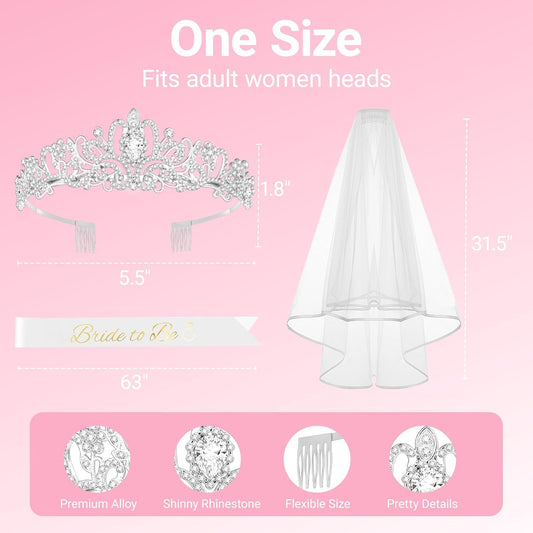 3Pcs Bride to Be Crown with Sash and Veil for Bachelorette Party Decorations, Bridal Shower Accessories for Gift, Favors