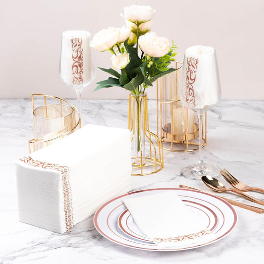 Goodluck 200-Pack Linen-Feel Disposable Guest Towels – Soft and Absorbent Paper Hand Towels for Bathroom or Kitchen – Elegant White Napkins with Rose Gold Design for Parties, Weddings, Dinners Events