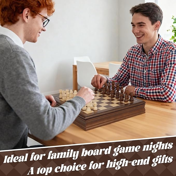 Magnetic Wooden Chess Set for Adults and Kids 12'' Chess Board with Handmade Magnetic Chess Pieces with 2 Extra Queens, Classic Strategy Game, Educational Board Game Gift