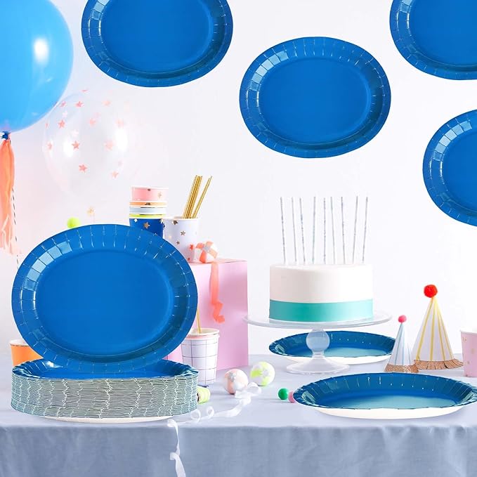 Grencian 50 PCS Blue Oval Paper Plates Blue Plate Large 10" X 12" Disposable 400GSM Paper Tableware Dinnerware for Birthday Winter Holiday Wedding Baby Shower Christmas Party Decorations