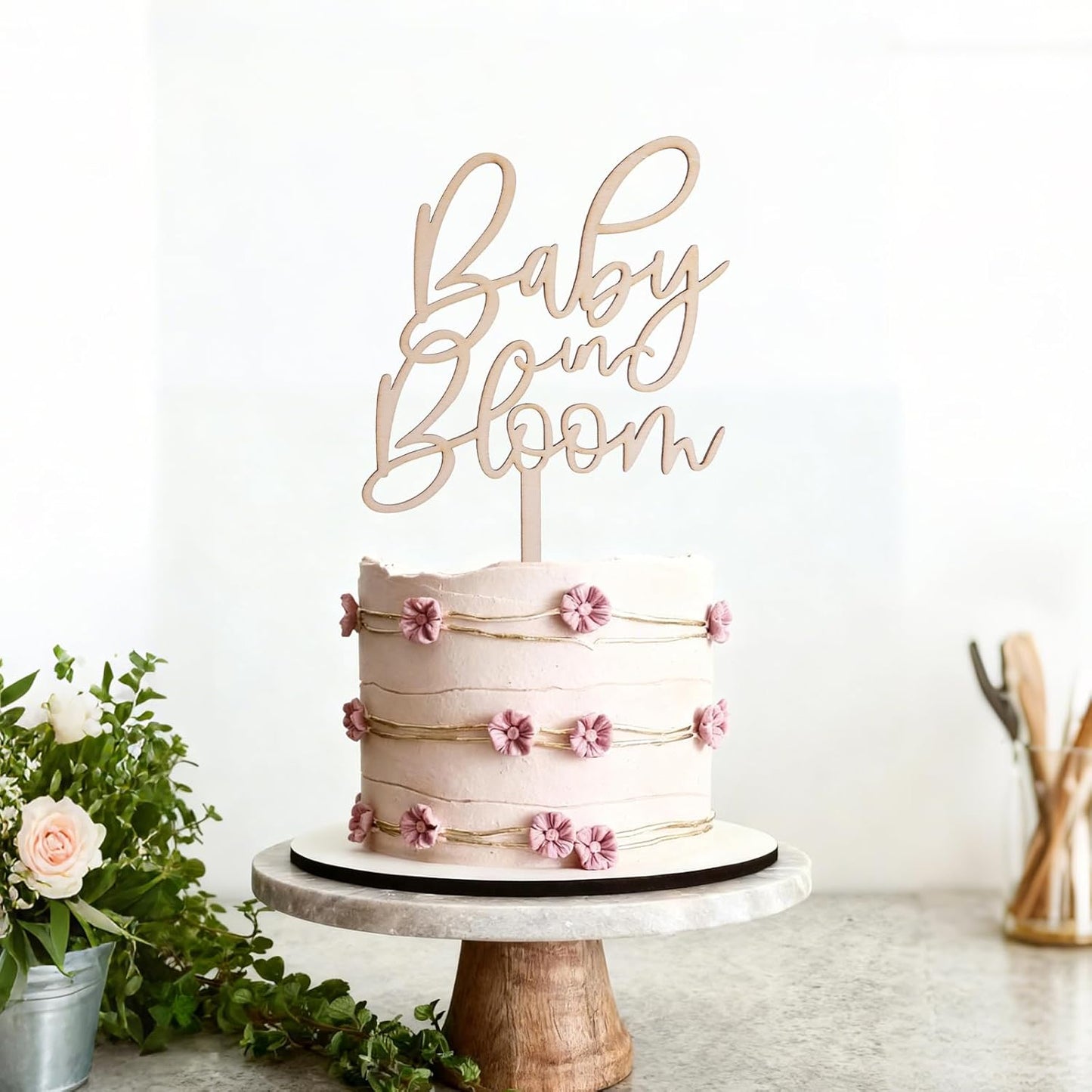 Baby in Bloom Wooden Cake Topper - Baby Shower Wood Cake Topper Decorations, Gender Reveal Party Cake Décor