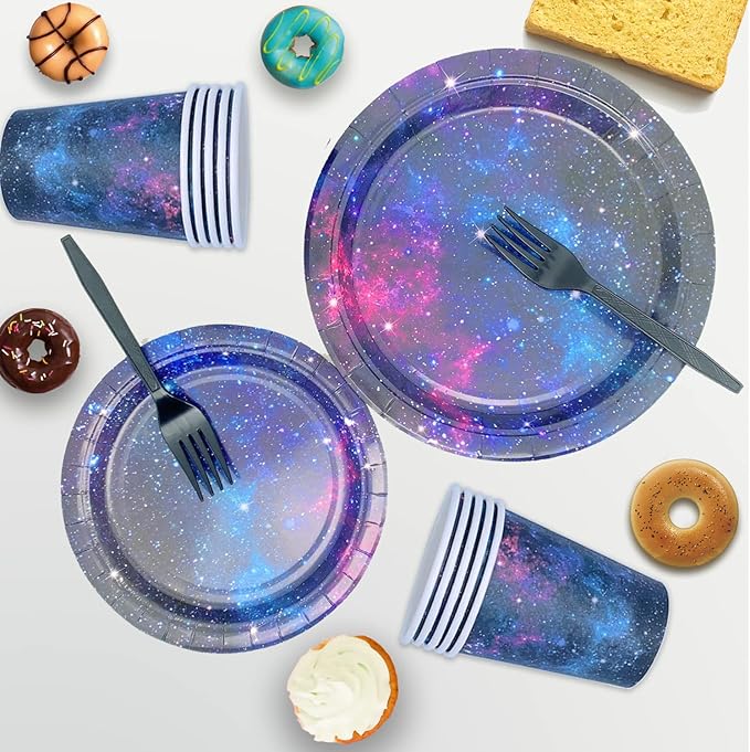 Space Galaxy Party Supplies Tableware Set Outer Space Theme Birthday Party Decoration Starry Night Solar System Planet Plates Napkins Forks Cups for 24 Guests