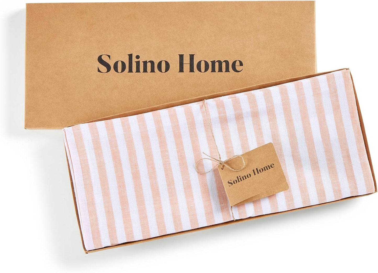 Solino Home Striped Linen Table Runner 120 Inches Long - Amalfi Stripe 100% Pure Linen Coral and White Dining Table Runner 14 x 120 Inch
