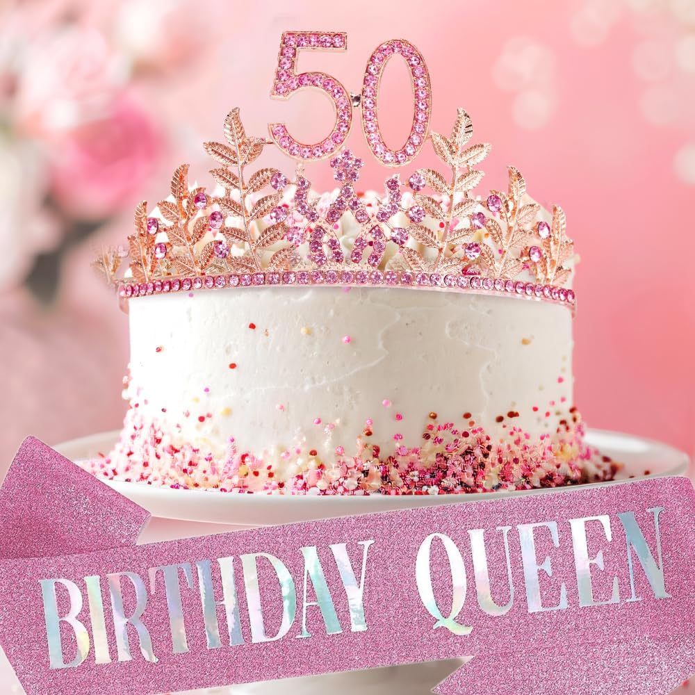 Birthday Sash Tiara Birthday Tiara Rhinestone Crown Rose Gold Birthday Queen Tiara Sash and Tiara for Women Birthday Decor Princess Tiara Cake Topper Crystals Hair Accessories for Party