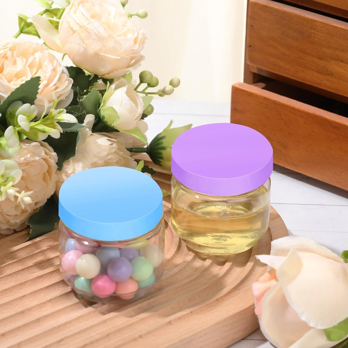 Tanlade 60 Pcs 3 oz Clear Plastic Jars with Lids Wide Mouth Mason Jars Mini Storage Containers Bulk for Herb Jelly Wedding Valentine Favors Shower Party Favors(Colorful)