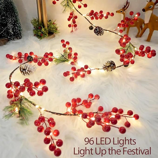 6.56FT Christmas Garland Decorations Red Berry Garlands with Lights 96 Fairy LED Lights Lighted Pine Garland for Mantle Fireplace Table Stairs Railing Xmas Tree Indoor Outdoor Winter Holiday Decor