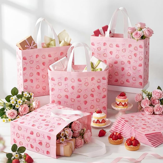 Abbylike 30 Pack Strawberry Bow Reusable Gift Bag Bulk Large Pink Bow and Sweet Strawberry Print Shopping Bag Tote Non Woven Tote for Women Wedding Birthday Baby Shower, 12.2 x 11.02 x 4.72 Inches