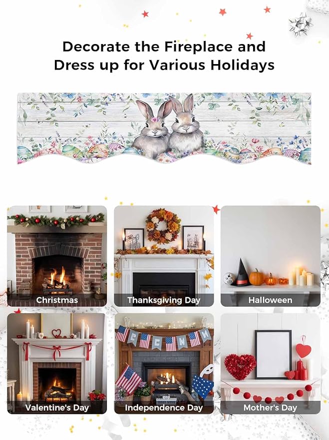 Bunny Easter Fireplace Mantel Scarf Table Runner,Eucalyptus Leaves Spring Floral Eggs Wooden Winter Garland Mantel Top Tablerunners Dresser Scarves Cover for Windows Party Living Room 70"x17"
