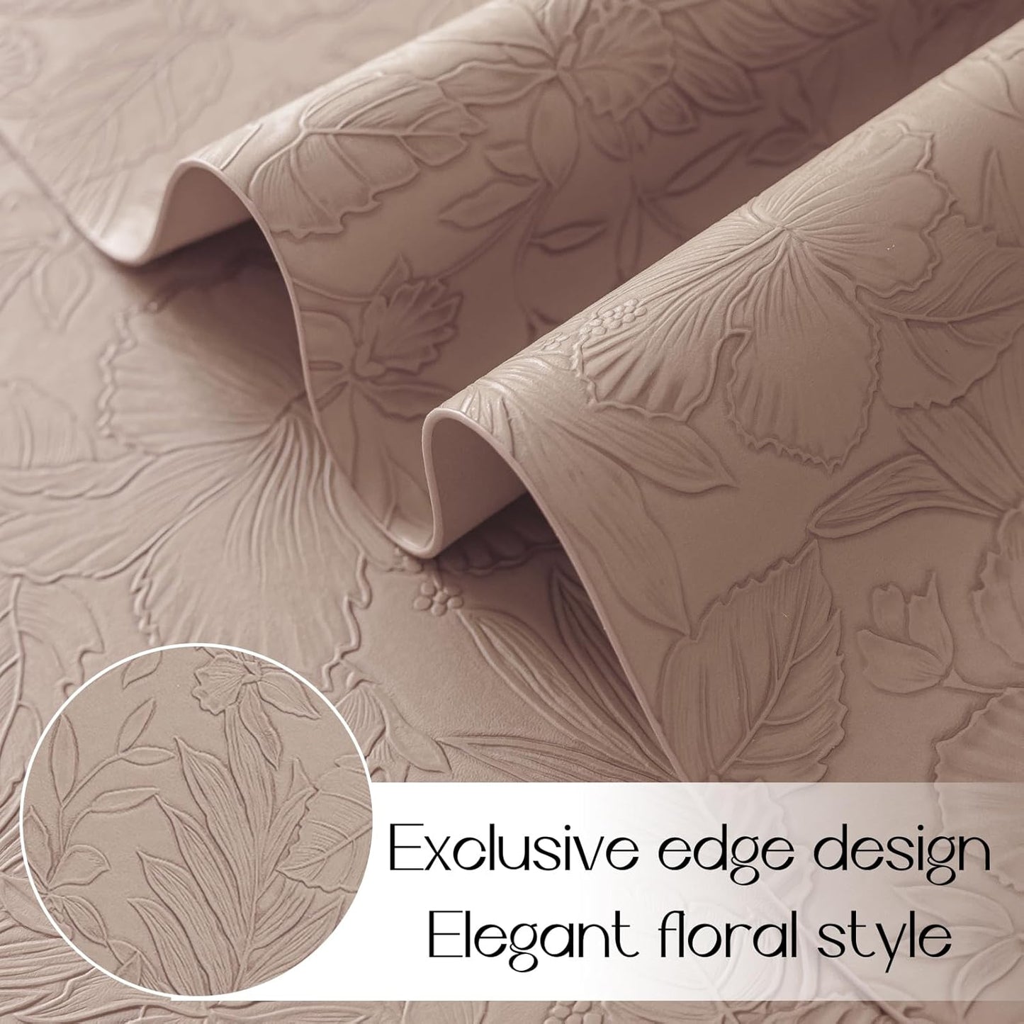 Romanstile Vinyl Placemats Set of 4-12 X 18 Inch - Heat Resistant Non-Slip Embossed Floral Place Mats 100% Waterproof Oilproof Wipeable Faux Leather Table Mats for Kitchen/Dining/Party, Khaki