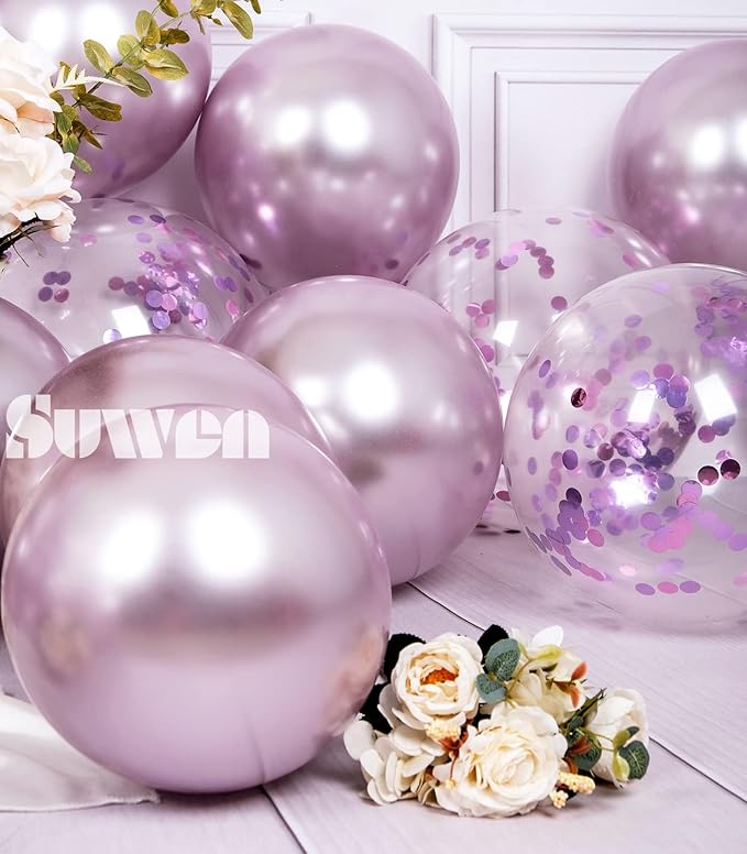 SUWEN Metallic Lavender Balloons and Confetti Balloons Set 47PCS Latex Helium Chrome Light Purple Balloon for Birthday Anniversary Party Decorations