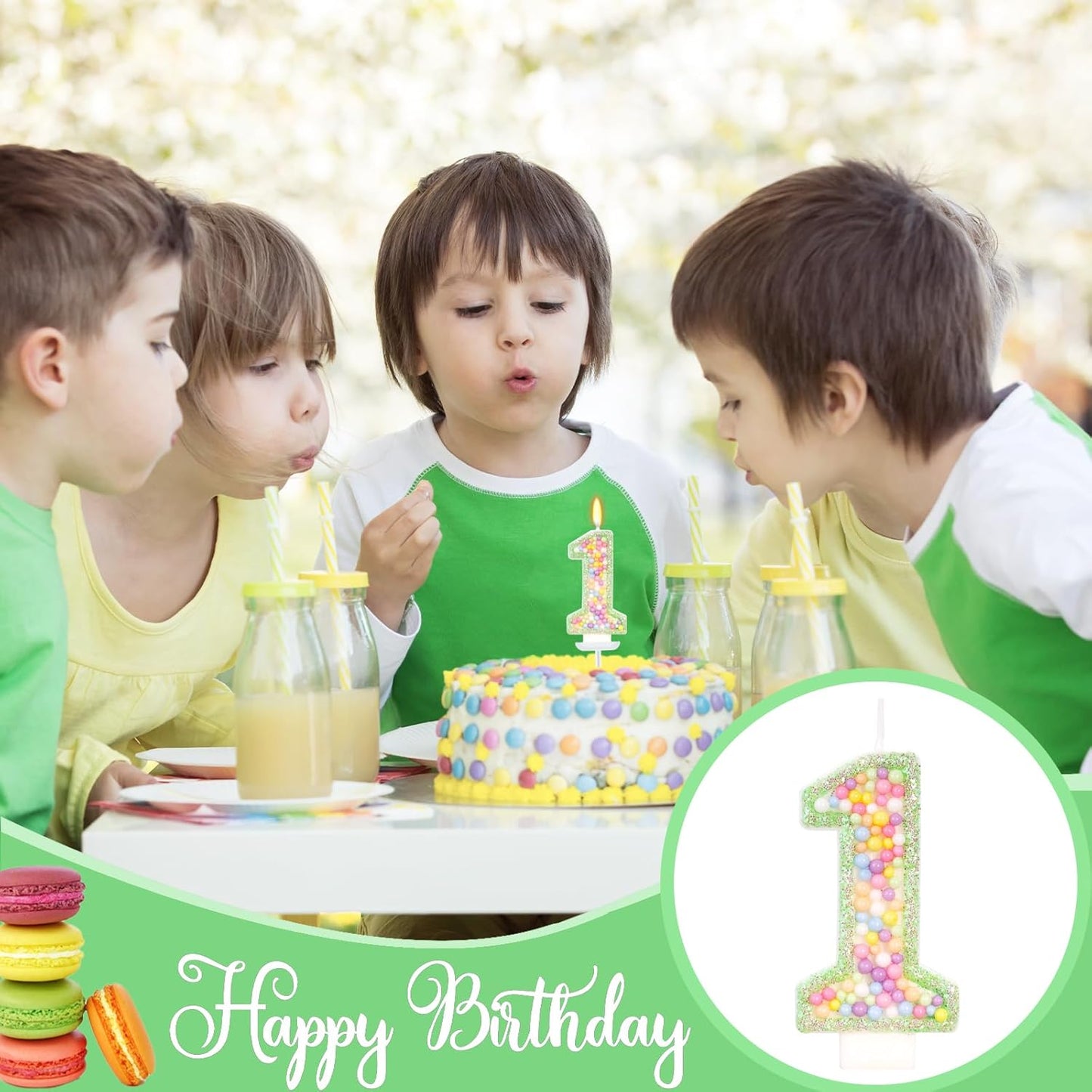 Birthday Candles - Number 1 Candle, Colorful Macaron Candles for Boys/Girls, Green Cake Decorations, Dinosaur Themed Party Supplies