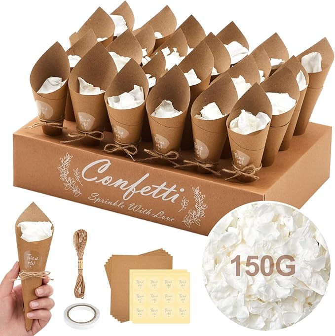 1 Sets Wedding Confetti Cones with 150g (5.29 Oz) Biodegradable Dried Flowers White Petal - 30 Kraft Paper Cones, Tray & Stickers for Wedding, Bridal Shower, Engagement Party, Baby Shower