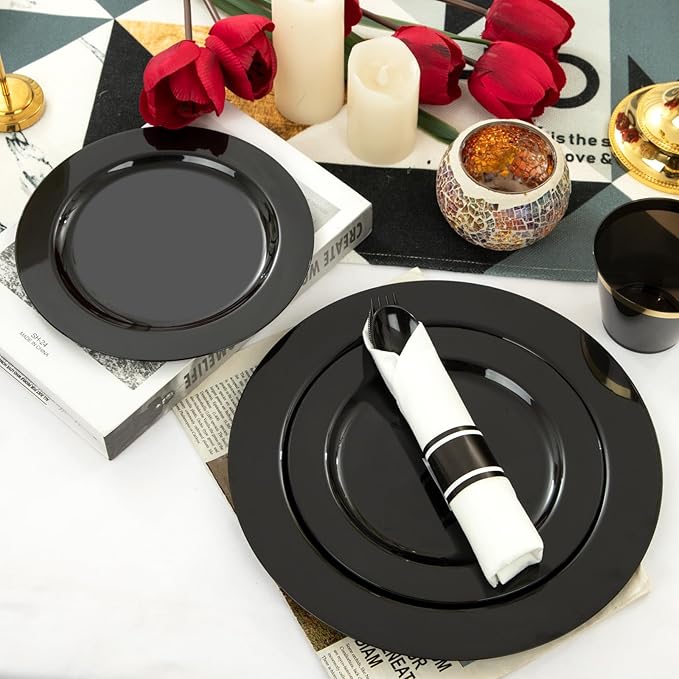 EI 350pcs Black Plastic Plates Disposable Heavy Duty Plastic Dinnerware Set Pre Silverware and Napkins Set Black and Gold Cups for Party Suit for Party,Wedding,Afternoon Tea,Spring,Valentine's Day