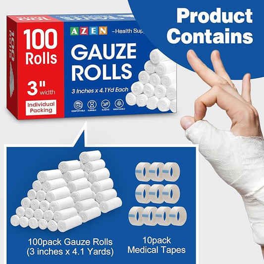 AZEN 100 Pack Gauze Rolls Bandages, 3 in x 4.1 Yards, First Aid Supplies & Premium Medical Supplies, Bandage Wrap Vet Wrap