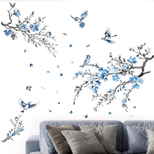 Cherry Blossom Wall Stickers for Bedroom: Peel and Stick Flower Bird Blue Floral Tree Branch Wall Decals - Living Room Office Bathroom