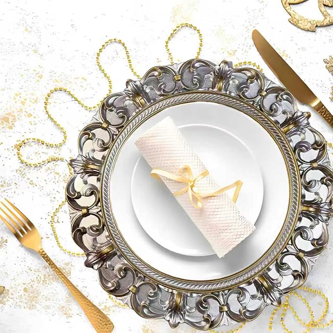 6 Pack Silver Charger Plates 13" Round Charger Plates for Dinning Plates with Embossed Rim Plastic Charger for Dinner, Wedding, Elegant Tableware Decor