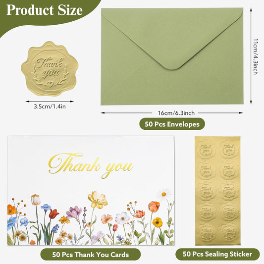 Thank You Cards with Envelopes, 50 Pack Thank You Cards Bulk Blank Card Notes with Envelopes & Stickers 4x6 Inch Greeting Card for Wedding, Baby Shower, Graduation, Bridal Shower, Business,Birthday