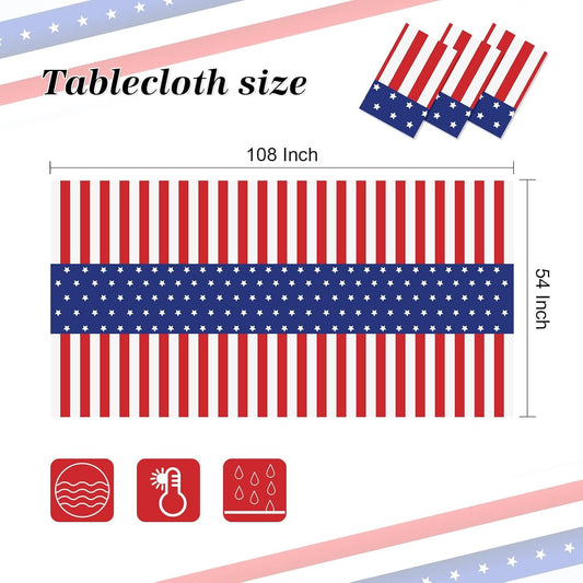 Childom 3 Pack Patriotic Tablecloth,Disposable Plastic Tablecloth 54"x108" Patriotic Decorations,Birthday Party Table Cloth for Kids,Patriotic Themed Party Supplies for Outside,Picnic,Camping,Memorial