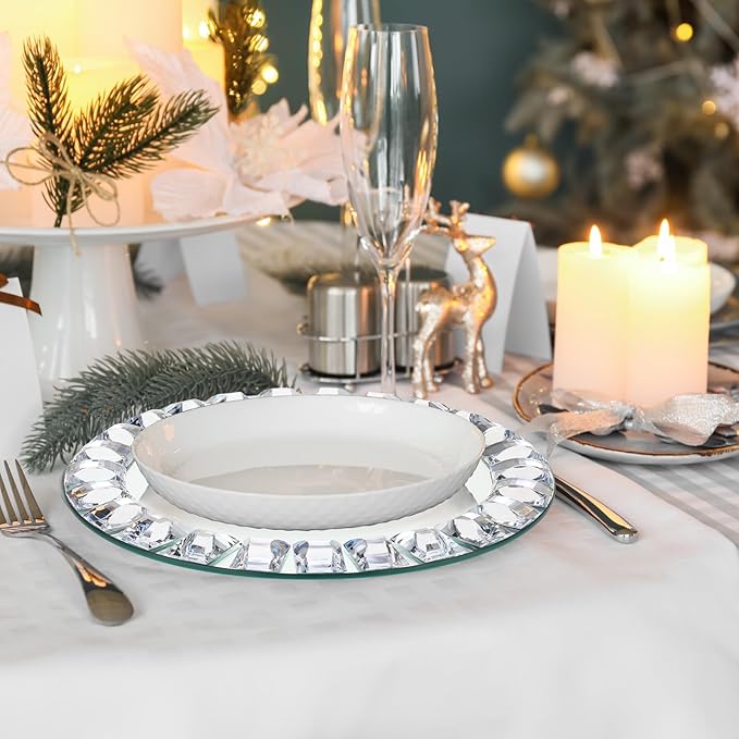 Suclain 6 Pcs Mirrored Glass Charger Plates 13 Inch Silver Mirror Plates Round Chargers for Dinner with Diamond Rim Settings for Wedding Birthday Party Events (Square Diamond Rim)