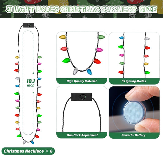 Christmas Necklace Accessories, 8Pcs Light Up Christmas Necklaces, Glow Bulb Necklaces 3 Modes Colorful Lights Xmas Party Favors, Xmas Ugly Xmas New Year Party Supplies