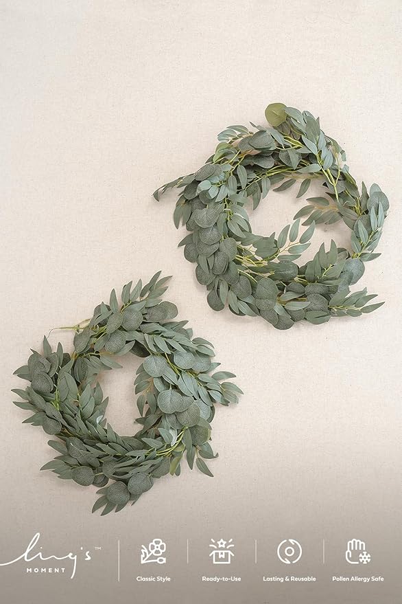 Ling's Moment Eucalyptus Garland for Table, 5.9ft Sage & Green Fake Eucalyptus Wreaths with Willow, 2pcs Real Touch Leaf Garland for Wedding Centerpieces Arch Rehearsal Dinner Bridal Shower