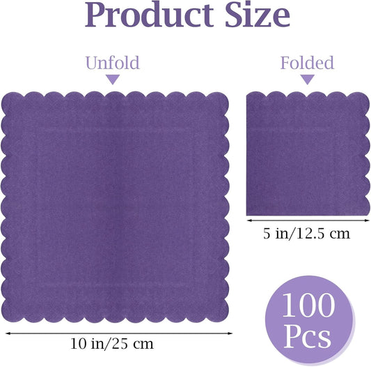 100 Pcs Cocktail Napkins, 2-Ply 5 x 5 Inches Disposable Scalloped Napkins, Thick Premium Dessert Napkins for Party, Wedding, Dinner, Birthday, Anniversary, Festival (Purple)