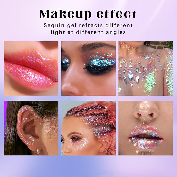 HOSAILY Roll-on Holographic Body Glitter Gel for Face Hair, Chameleon Color Changing Glitter Gel Under Light, Chunky Mermaid Sequins Festival Party Rave Accessories Shimmer Makeup (Golden Ocean)