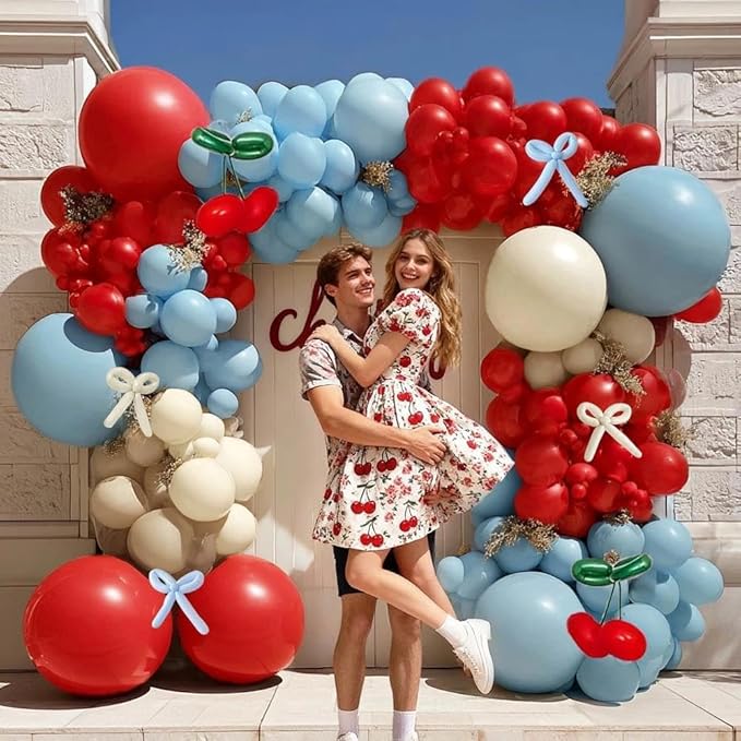 Red Blue Cherry Balloon Arch Kit Double Stuffed, Ruby Red Dusty Light Blue White Sand Ivory Balloon Garland with Long Latex Balloons for Cherry on Top Birthday Valentines Baby Shower Party Decor