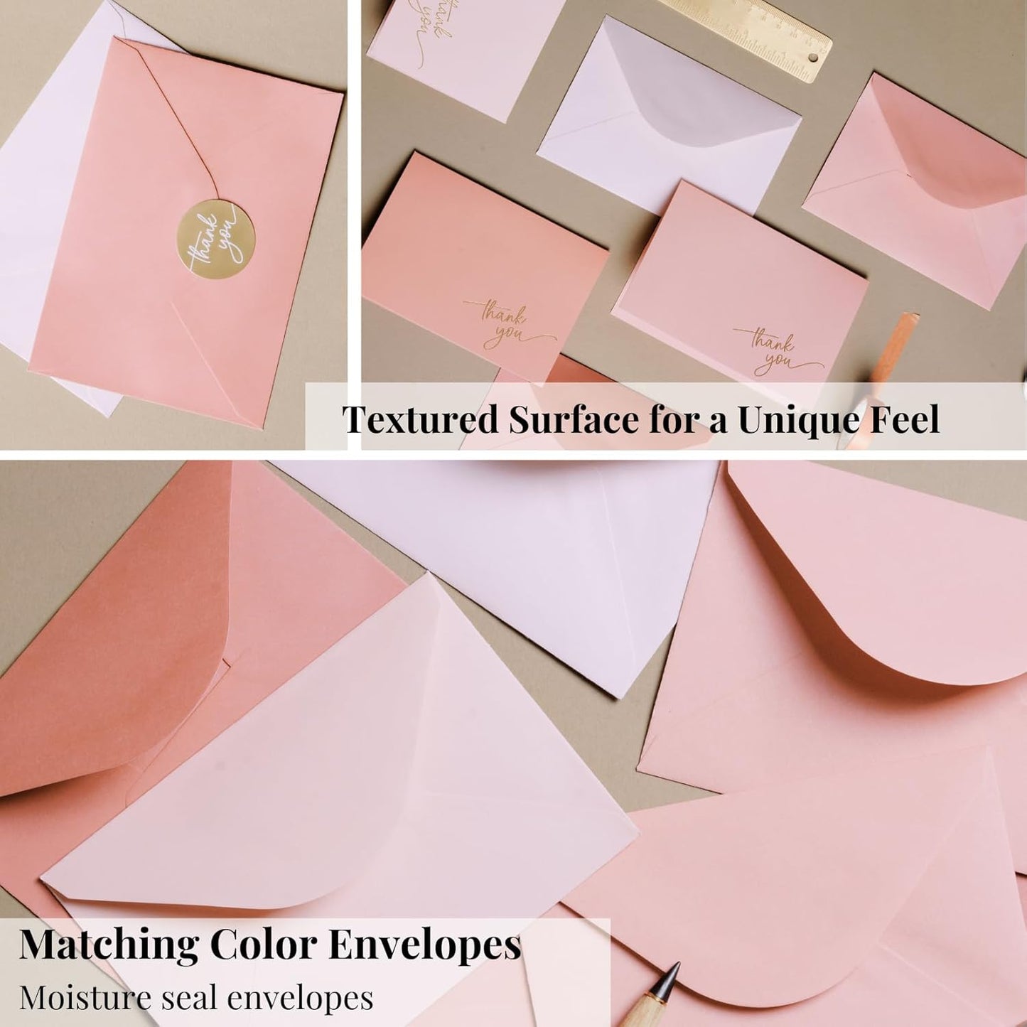 Gold Foil Thank You Cards - Bulk Pack of 40, 5x3.5 Inch with Matching Stickers & Envelopes (Pink) Textured Surface for a Unique Feel - Suitable for Baby Shower, Wedding, Small Business, Graduation