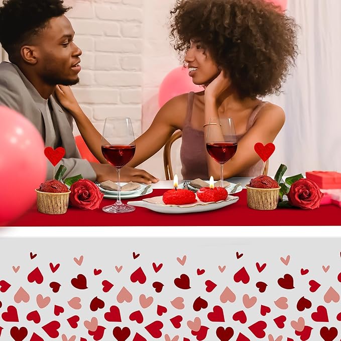 Childom 2 Pcs Valentines Day Tablecloths for Valentines Day Decorations,54" x 108" Disposable Plastic Tablecloths,Rectangle Heart Table Cover for Party Decorations Mothers Day Anniversary Birthday