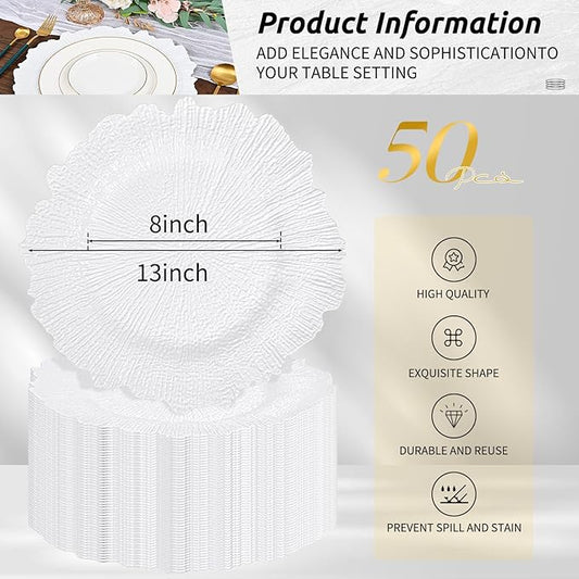 Pesonlook 50Pcs White Charger Plates Round 13inch, Reef Plate Chargers for Dinner, Bulk Plastic Floral Table Plates for Dinner Wedding Party Event Table Setting Decoration(White)